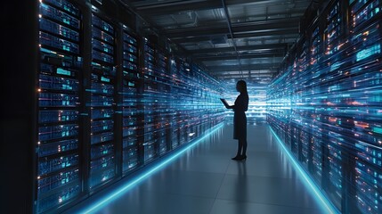 Data Center Specialist Working with Server Racks and Digital Data