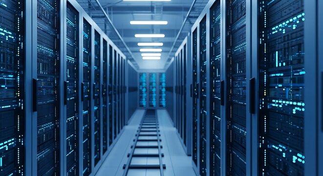 Data center server room with rows of server racks.