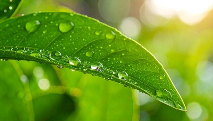 Fresh green leaf with water droplets in natural light.