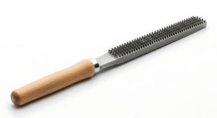 Close-up of a high-quality rasp file with a wooden handle, perfect for woodworking and shaping tasks