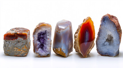 Set of raw colorful agates in varying heights isolated on white background