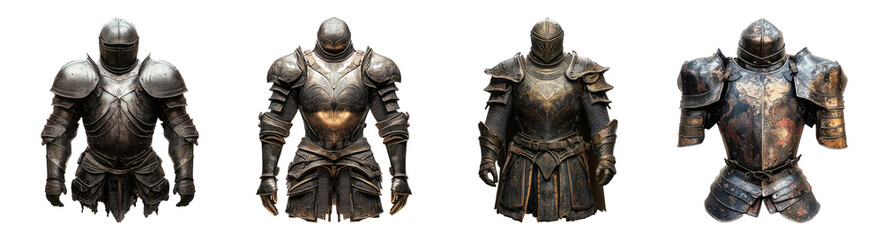 Ancient Armor Collection Displaying Intricate Designs and Textures, Isolated on Transparent Background