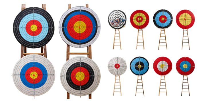 Colorful Archery Targets on Wooden Stands for Sports Activities