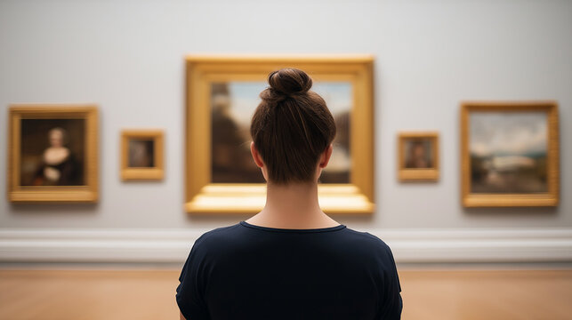 Young woman observing classic paintings in art gallery interior.
