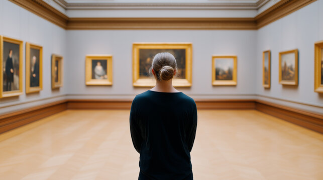 Young woman observing classic paintings in art gallery interior.
