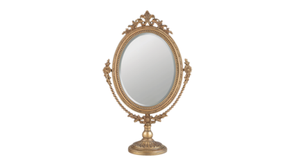 Elegant antique gold oval vanity mirror with ornate detailing, perfect for luxury dressing rooms and refined decor isolated on white or transparent png.