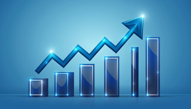A bright blue upward trend graph with glowing bar chart elements