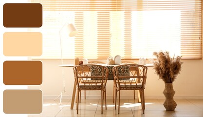 Interior of dining room with table, chairs and dry reed in vase near window. Different color patterns