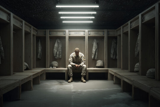 Soldier deep in thoughts in the changing room