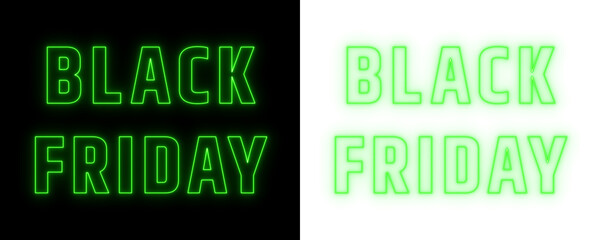 Fototapeta premium Neon Black Friday sale text design in green glowing outline style on black and transparent backgrounds, modern promotional graphic