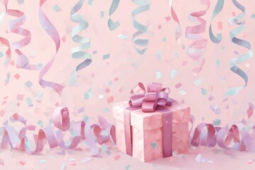 digital painting of party streamer and gift box arrangement, pastel pink background, cute celebration card