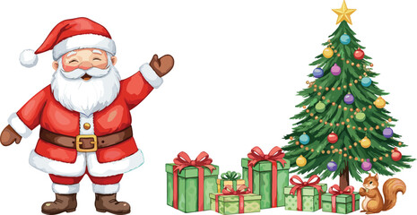 PrintHappy Santa Claus standing beside decorated Christmas tree with colorful ornaments, holiday gifts, cute squirrel, festive winter celebration illustration sceneHappy Santa Claus standing beside 