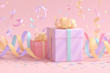digital painting of party streamer and gift box arrangement, pastel pink background, cute celebration card