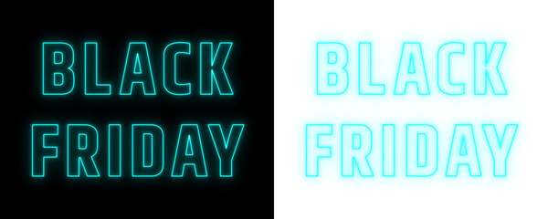 Neon Black Friday sale text design in cyan glowing outline style on black and transparent backgrounds, modern promotional graphic