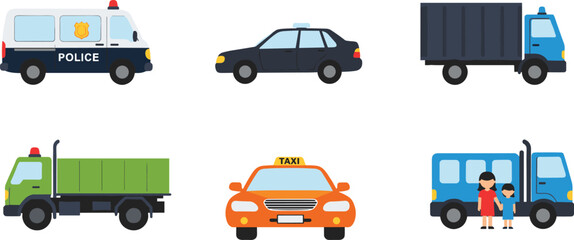 PrintIllustrated police van, patrol car, cargo trucks, green service truck, orange taxi, transportation vehicles with children, modern flat design vector set
