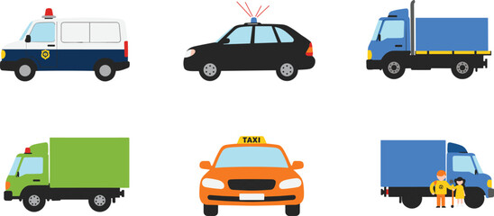 PrintIllustrated police vehicles, emergency car, cargo trucks, delivery truck, taxi cab, transportation icons, service vehicles collection, flat design automotive set, vector graphics