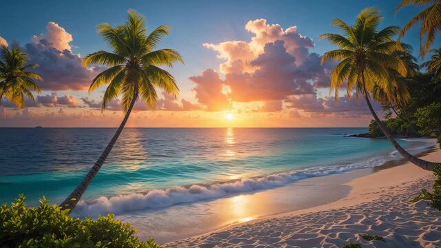 Vibrant Sunrise Over Serene Caribbean Coastline: Tropical Beach Panorama