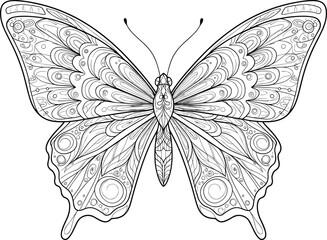 PrintIntricate butterfly coloring page for adults and kids, detailed symmetrical insect illustration with abstract floral patterns, black and white line art