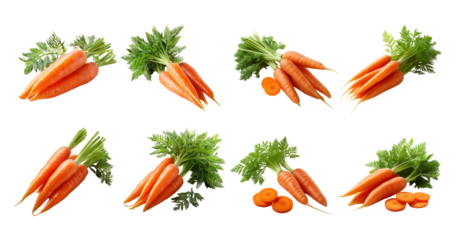 Fresh Orange Carrots with Green Tops on a White Background, Bundle Set Collection, Isolated on Transparent Background
