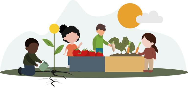 Diverse children cultivating urban garden, learning about growth