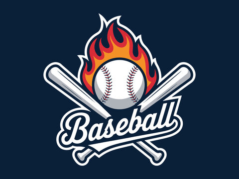 Baseball logo with fire and bats, hot burning baseball ball symbol for sports club, competitive game poster, mascot, and energy-filled branding design.