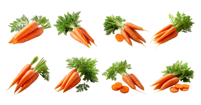 Fresh Orange Carrots with Green Tops on a White Background, Bundle Set Collection, Isolated on Transparent Background