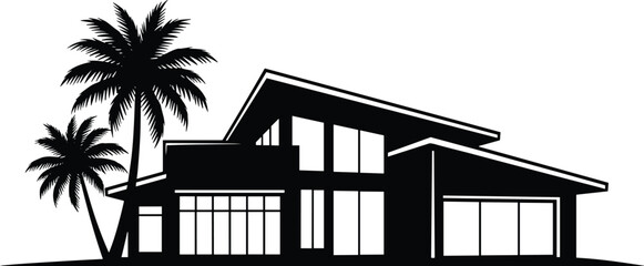 PrintModern tropical house silhouette, luxury beach villa illustration, contemporary architecture design, palm trees landscape, minimalist real estate logo concept vector