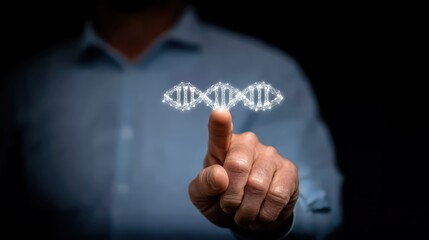 Fototapeta premium Man Interacting with 3D Digital DNA Model Representing Genetic Research in Biotechnology and Medicine Innovations