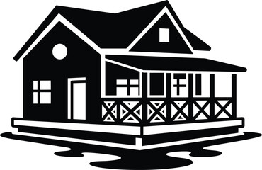 PrintModern wooden house silhouette, vector illustration of countryside home, black and white cabin icon, architectural design, real estate concept, isolated graphic.