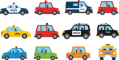Printpolice car icons, taxi vehicle set, cartoon automobile collection, colorful transportation fleet, emergency patrol cars, urban city taxi, traffic cars illustration, vector vehicles design