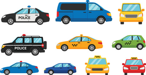 Printpolice cars illustration, taxi vehicles, urban transport icons, cartoon car set, emergency vehicles, city taxi fleet, colorful automobile collection, transportation design elements, patrol cars