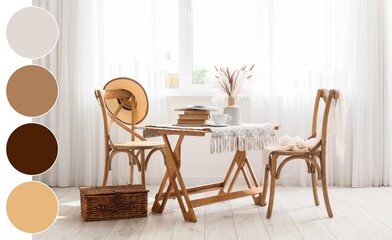 Interior of room with wooden chairs, wicker basket and table near window. Different color patterns