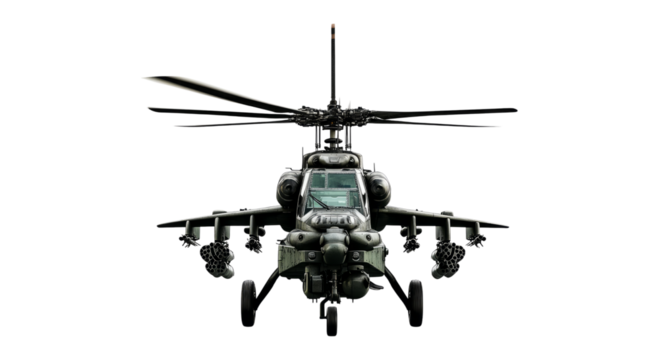 Military Helicopter Front View with Rotors In Action in Flight