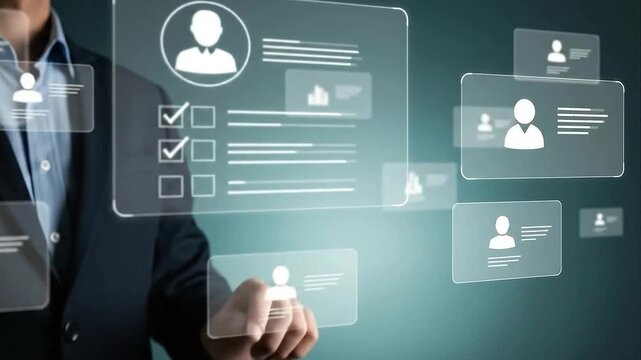 Businessman interacting with a futuristic interface displaying user profiles and checkboxes