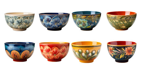 Colorful Decorative Bowls With Unique Patterns and Designs, PNG bundle collection, Isolated on Transparent Background
