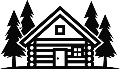 PrintRustic wooden log cabin in pine forest, black and white vector illustration, cozy countryside house design, nature, adventure, and camping concept.