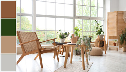 Interior of light room with wooden armchair, tables and green plants