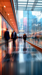 Business people walking through a bright modern office corridor with glass walls and motion blur.
