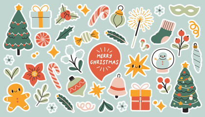 Vector set of cute Christmas stickers with festive elements trees, gifts, candy canes, gingerbread, snowman, and decorations. Holiday simple collection for cards, planners, stickers and crafts © spirka.art
