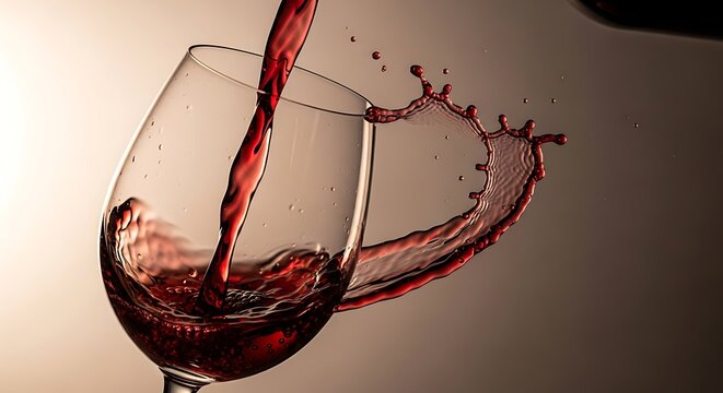 Captivating moment of red wine cascading into a glass creating a splash of dynamic elegance