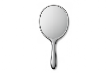 Hand mirror with silver frame and handle object for beauty showing reflection and vanity on transparent background