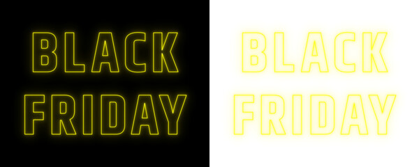 Neon Black Friday sale text design in yellow glowing outline style on black and transparent backgrounds, modern promotional graphic