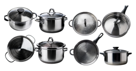 Various Stainless Steel Cooking Pots and Lids on White Background, isolated on transparent background