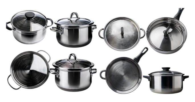 Various Stainless Steel Cooking Pots and Lids on White Background, isolated on transparent background