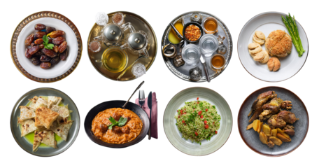 Colorful Middle Eastern Cuisine Featuring Traditional Dishes and Drinks, isolated on transparent background