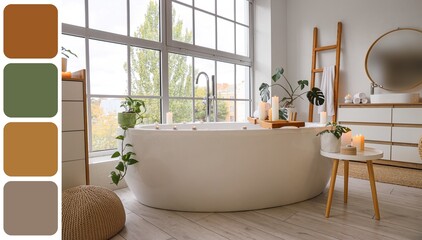Interior of bathroom with burning candles. Different color patterns