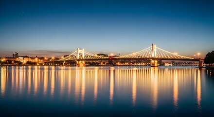 Fototapeta premium Illuminated Bridge Reflecting in Water at Night.