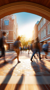 Students walking through sunny university campus with brick buildings and archway.
