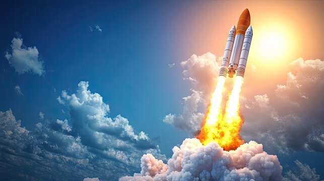 Space rocket lifts off with flames and smoke against a vivid blue sky, representing technology, ambition, and discovery