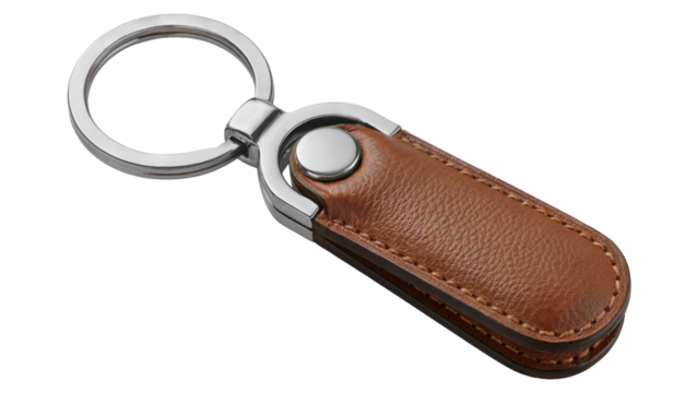Elegant genuine leather keychain with polished silver hardware offers timeless style and practical everyday luxury for discerning individuals isolated on white or transparent png.